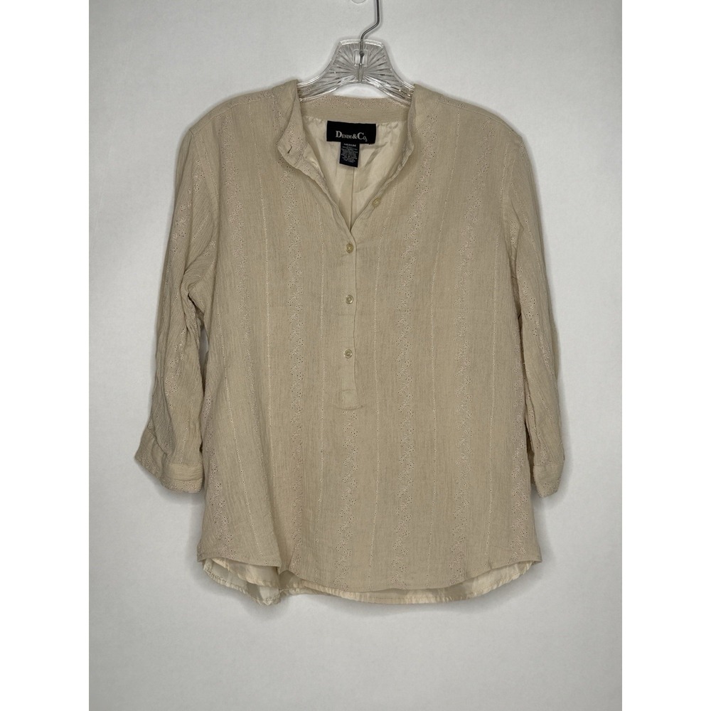 Denim &‎ Co Women's M Eyelet Lined 3/4 Sleeve Top Blouse Shirt CottageCore Coast